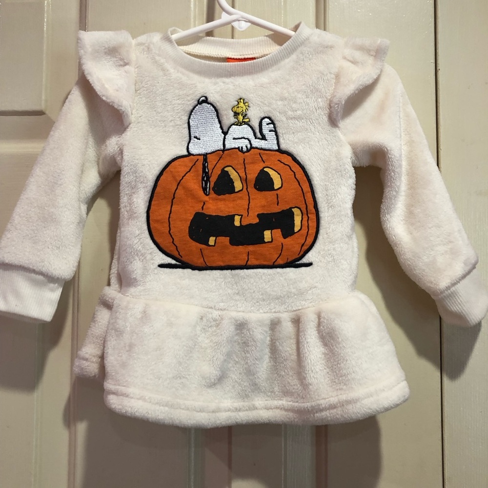 Peanuts Snoopy Halloween Pumpkin Jack O Lantern Long Sleeve Ruffle Top 18M - Picture 1 of 7
